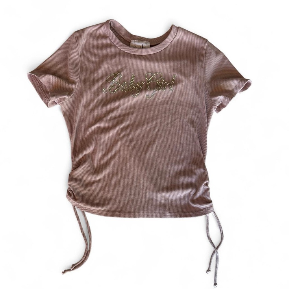 Y2K Pink Rhinestone Bling Short Sleeve Tee With Drawstring Detail Women’s Large